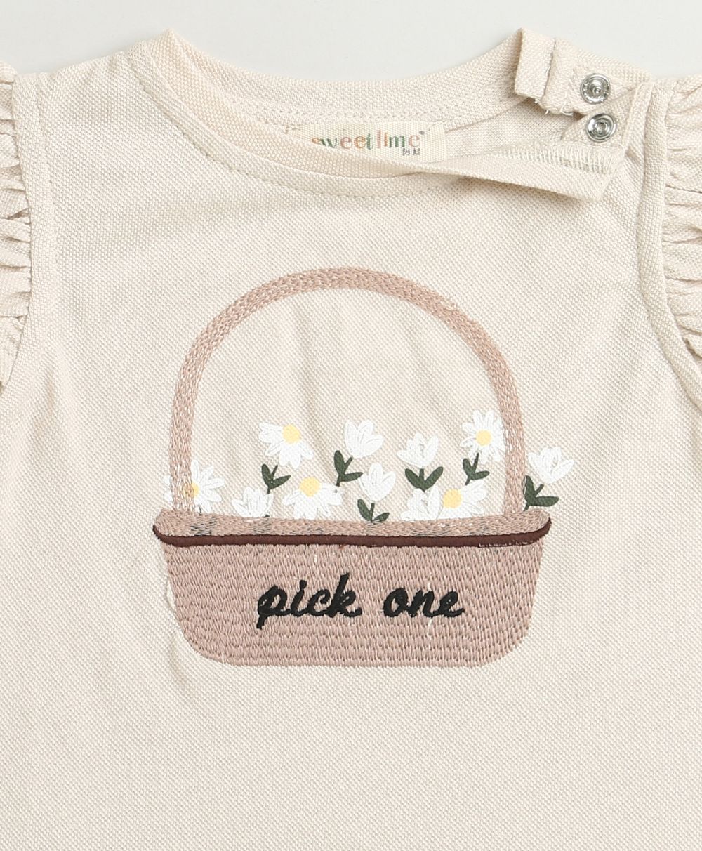 Blossom Basket Ruffle Top & Bow-Tie Cotton Twill Shorts Co-ord Set - Beige & White