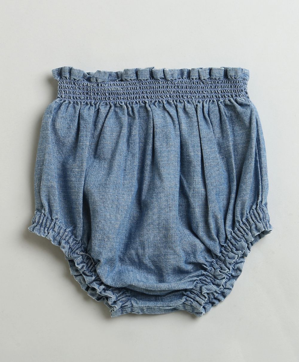 Cotton Denim Ruffle Dress & Bloomer Set - Blue