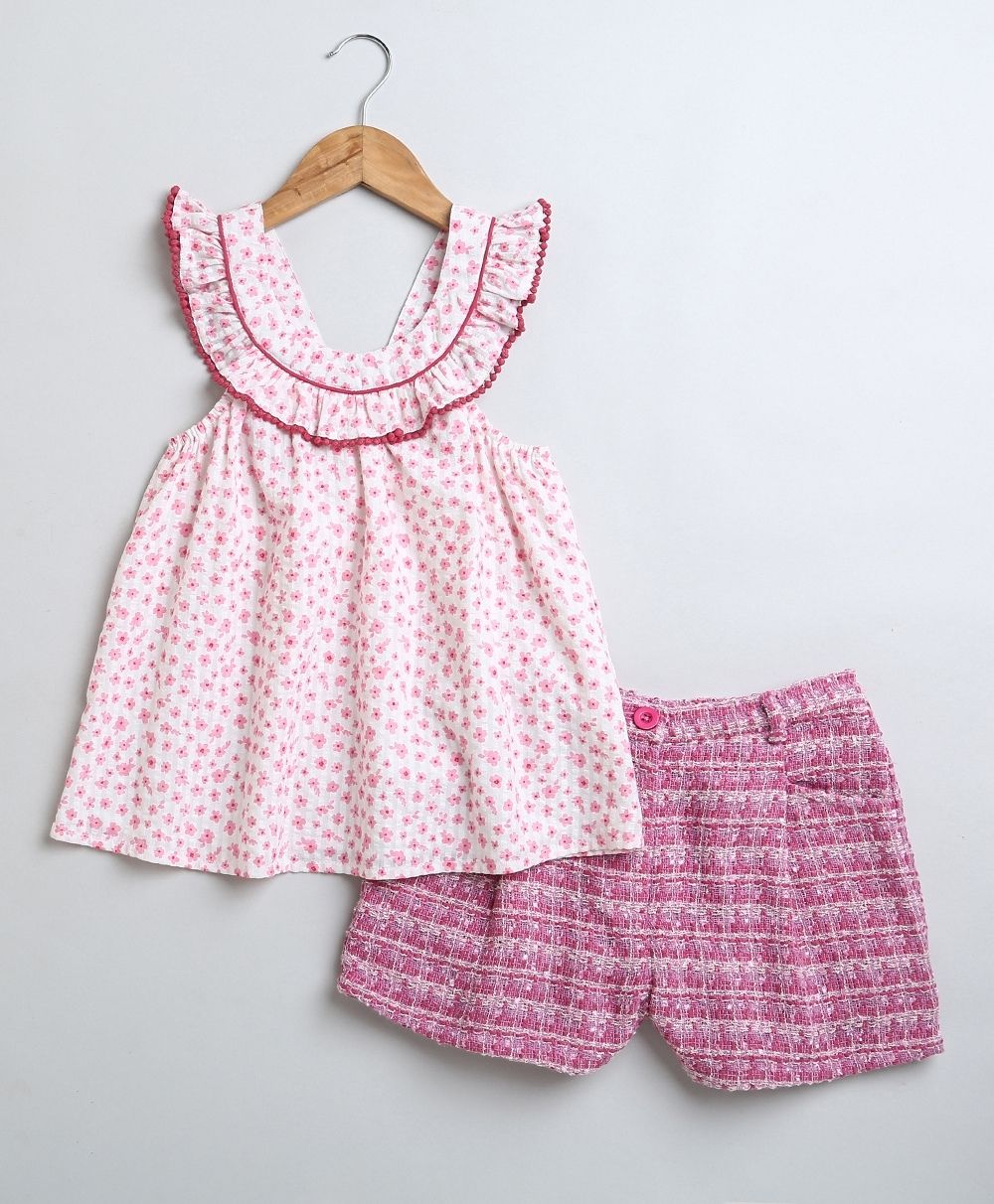 Stylish Floral Print Top And Shorts Coord Set - Pink