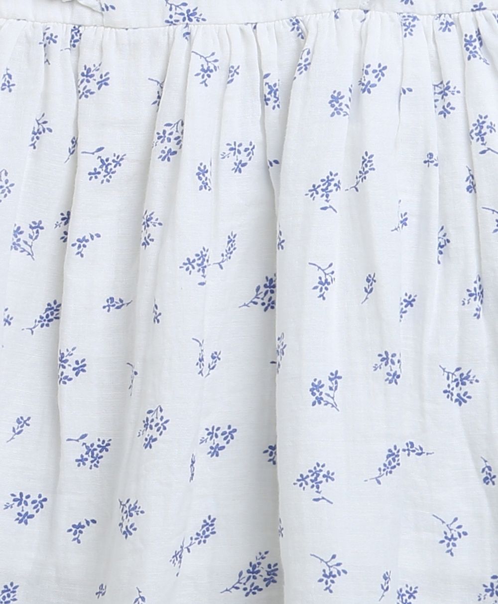 Blue Floral Print Flared Cotton Dress - White