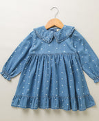 White Hearts Embroidery Cotton Denim Full Sleeves Dress - Blue
