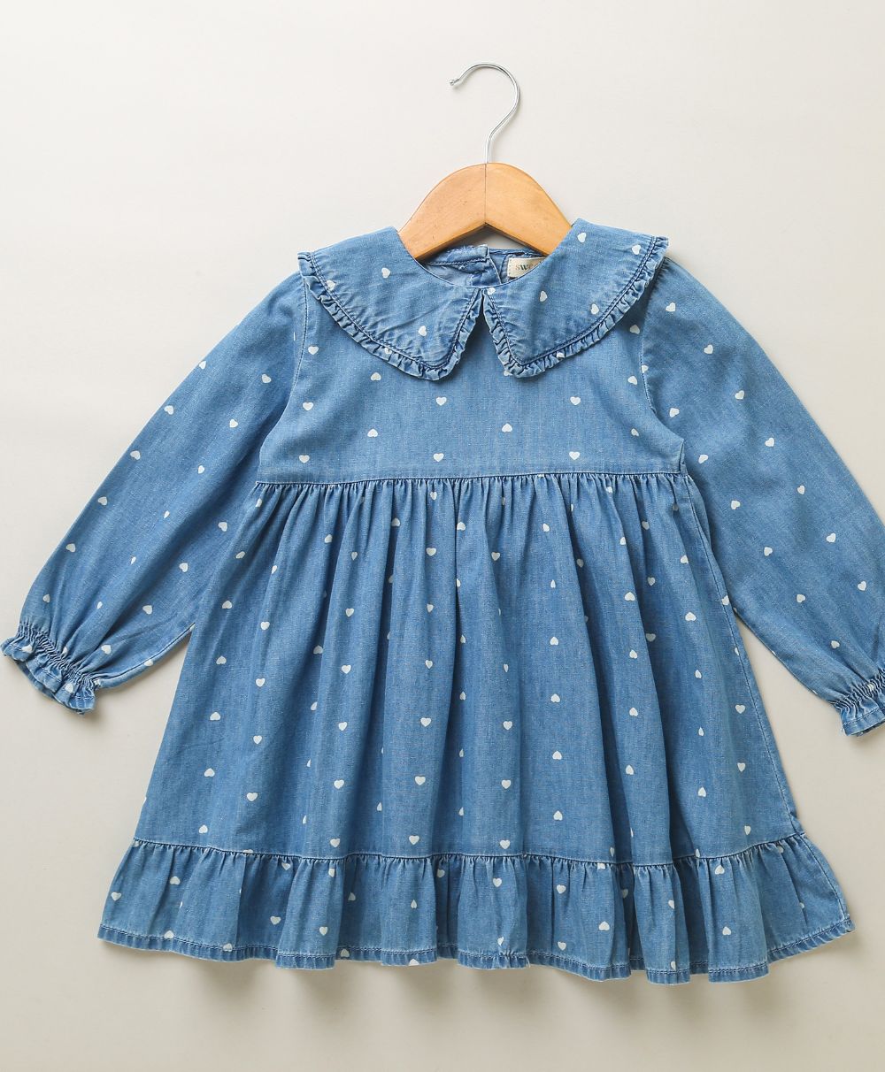White Hearts Embroidery Cotton Denim Full Sleeves Dress - Blue