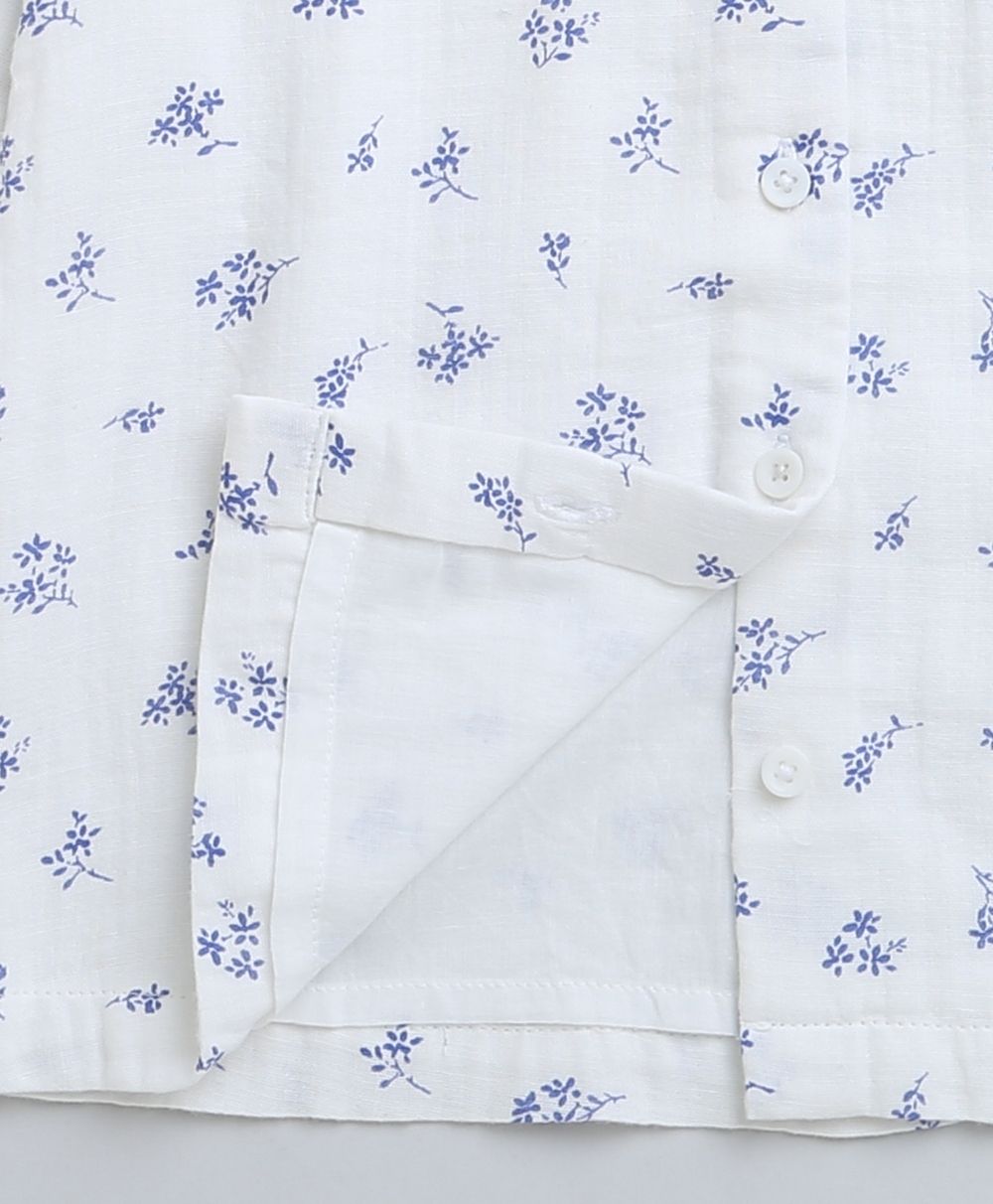 Long Sleeves Blue Floral Printed Cotton Top - White