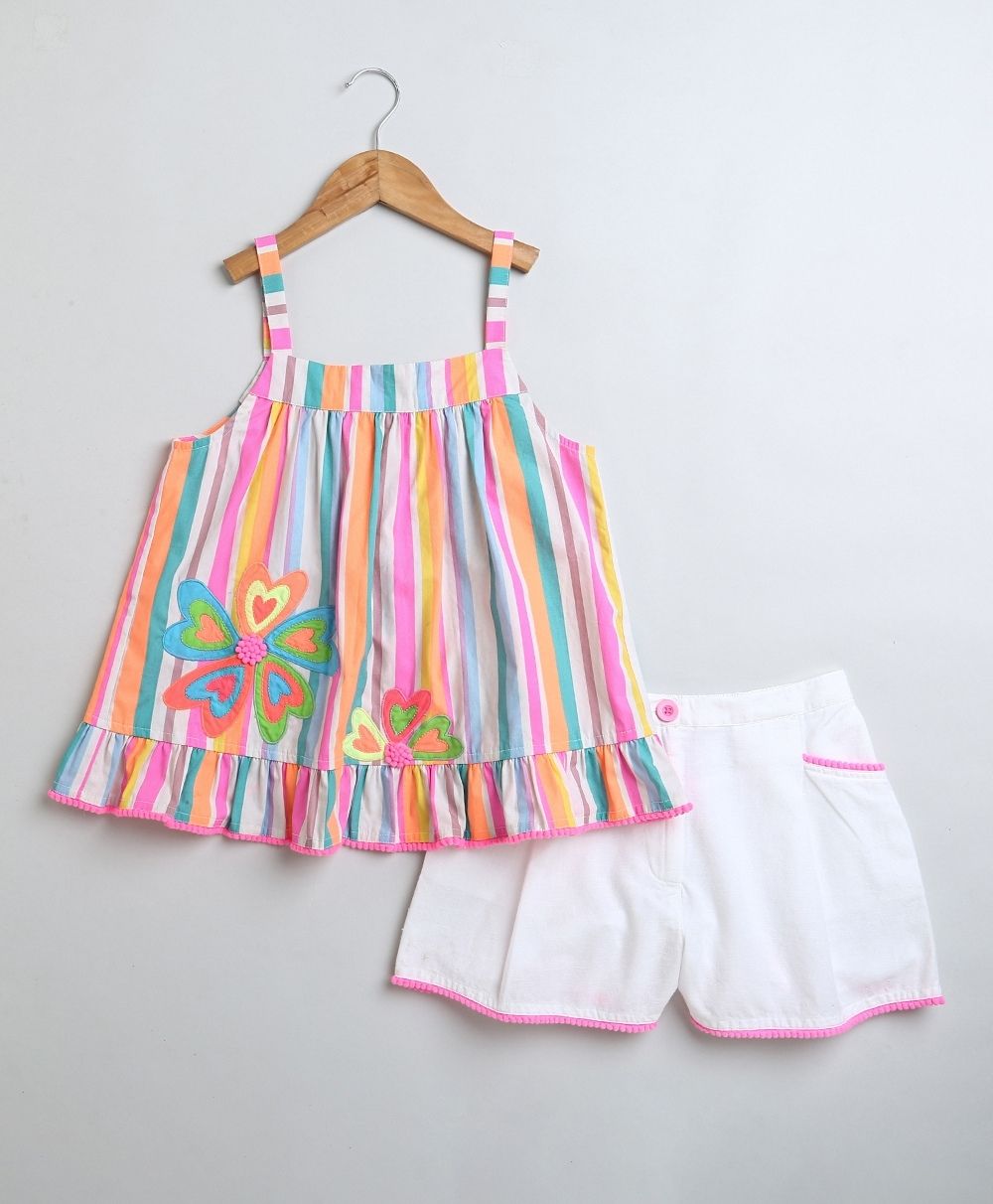 Neon Striped Heart Embroidery Top & Linen Shorts Coord Set - Multicoloured & White