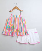 Neon Striped Heart Embroidery Top & Linen Shorts Coord Set - Multicoloured & White