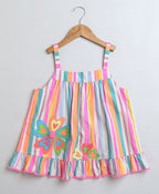 Neon Striped Heart Embroidery Top & Linen Shorts Coord Set - Multicoloured & White