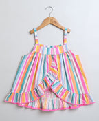 Neon Striped Heart Embroidery Top & Linen Shorts Coord Set - Multicoloured & White