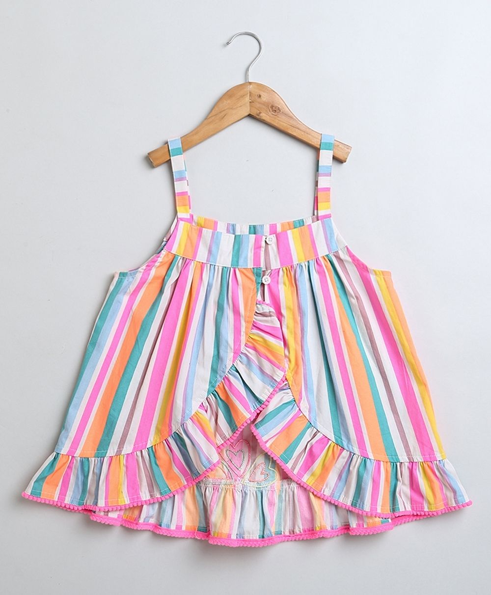 Neon Striped Heart Embroidery Top & Linen Shorts Coord Set - Multicoloured & White