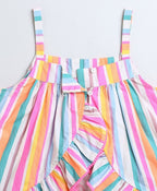 Neon Striped Heart Embroidery Top & Linen Shorts Coord Set - Multicoloured & White