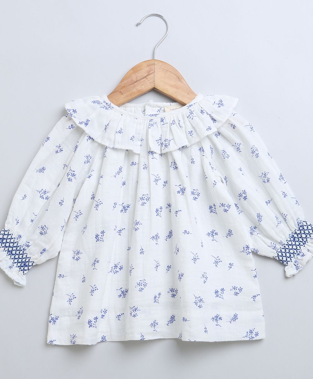 Baby Girls Blue Floral Printed Cotton Dress with a Bloomer - White