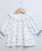 Baby Girls Blue Floral Printed Cotton Dress with a Bloomer - White