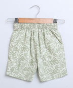 Leaf Printed Cotton Linen Shirt & Shorts Boys Co-ord Set - Olive