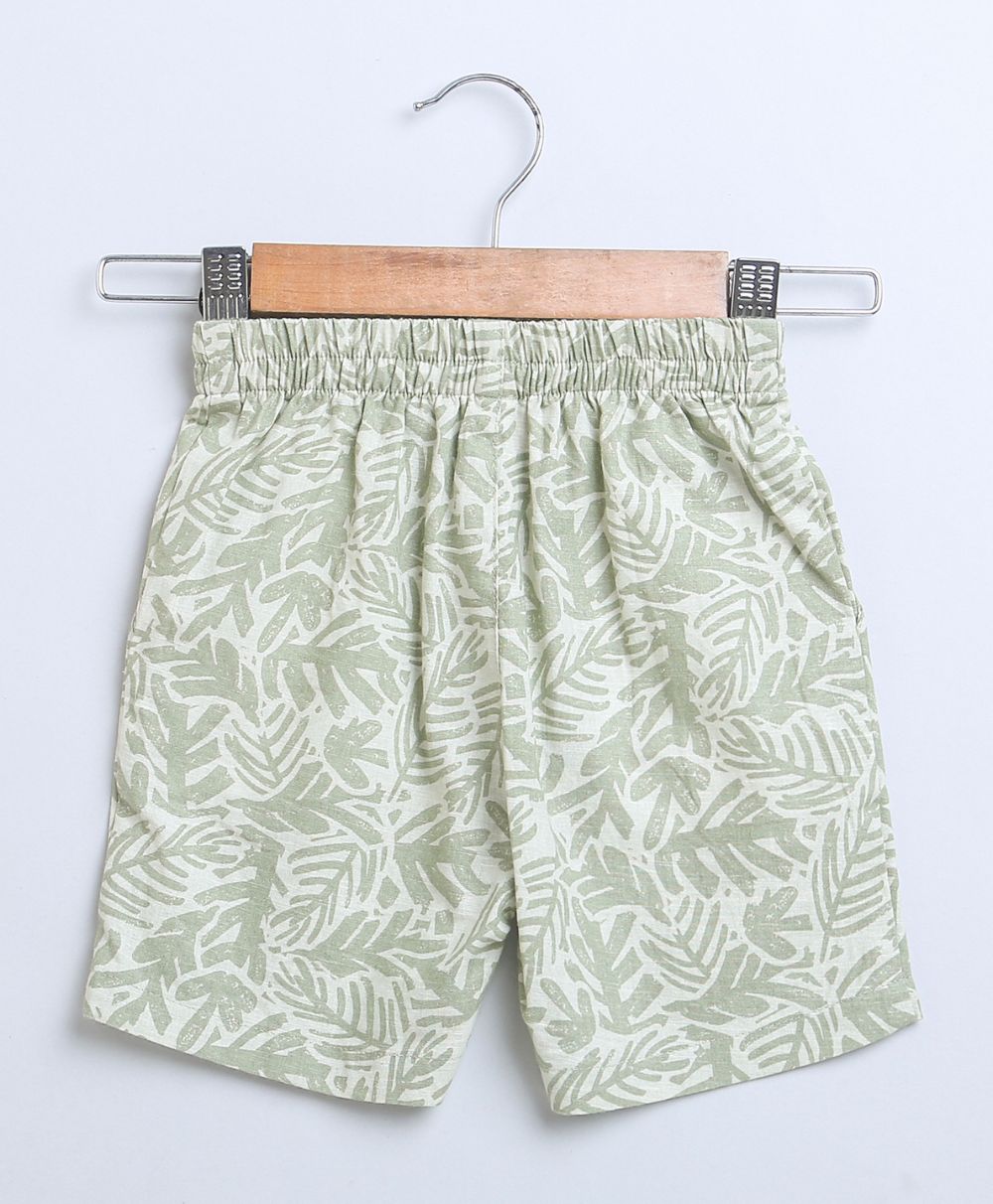 Leaf Printed Cotton Linen Shirt & Shorts Boys Co-ord Set - Olive