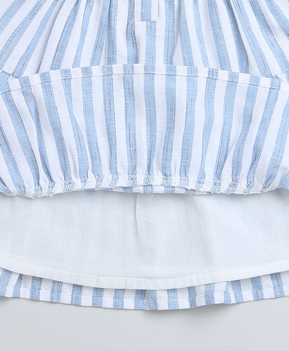 Striped Bell Sleeves Cotton Slub Dress - Blue & White