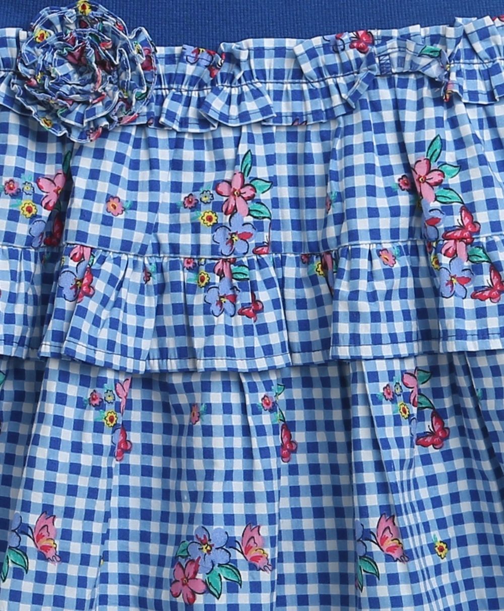 Checks Flared Cotton Printed Dress - Blue