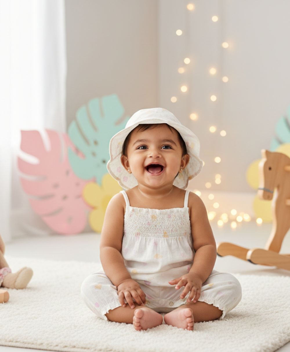 Baby Girls' Cotton Buttercup Breeze Romper & Hat Set - White