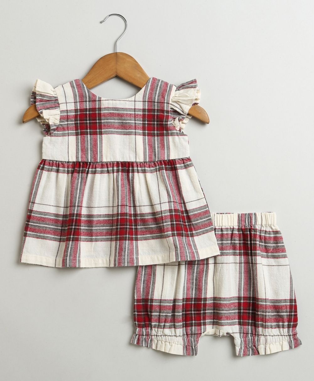 Classic Plaid Ruffle Sleeve Top and Shorts Co-ord Set - White &  Red
