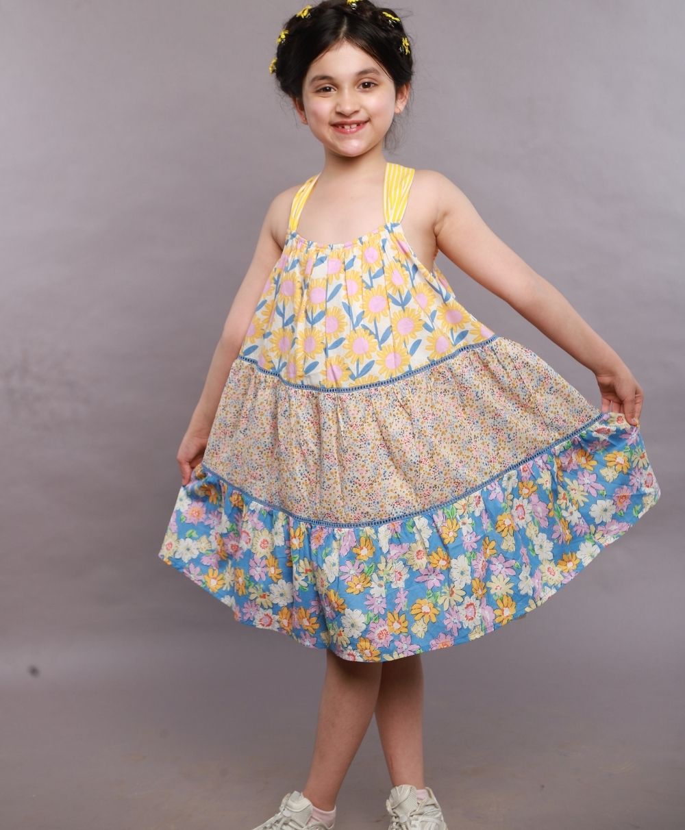 Floral Print Three Tiered Cotton Poplin Dress - Yellow & Blue