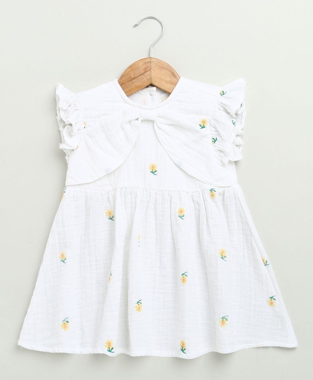 Yellow Floral Embroidery Organic Cotton Co-ord Set - White