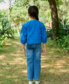 Kimono Cotton Poplin Jacket with Floral Embroidery - Blue