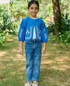 Kimono Cotton Poplin Jacket with Floral Embroidery - Blue