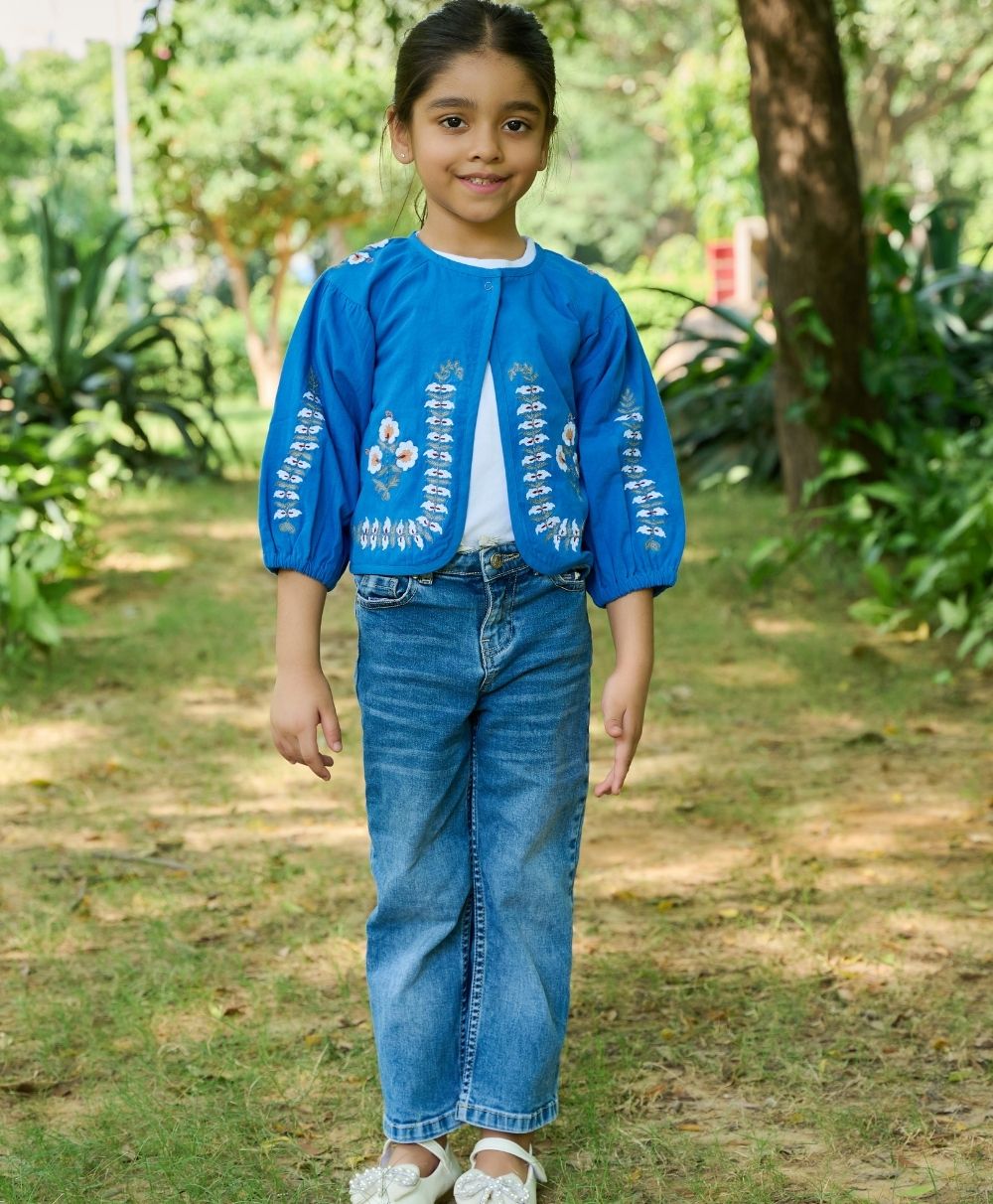 Kimono Cotton Poplin Jacket with Floral Embroidery - Blue