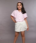 Frill Sleeves Cotton Tencel Top & Cotton Twill Shorts Co-ord Set - Pink & White