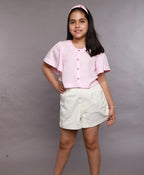 Frill Sleeves Cotton Tencel Top & Cotton Twill Shorts Co-ord Set - Pink & White