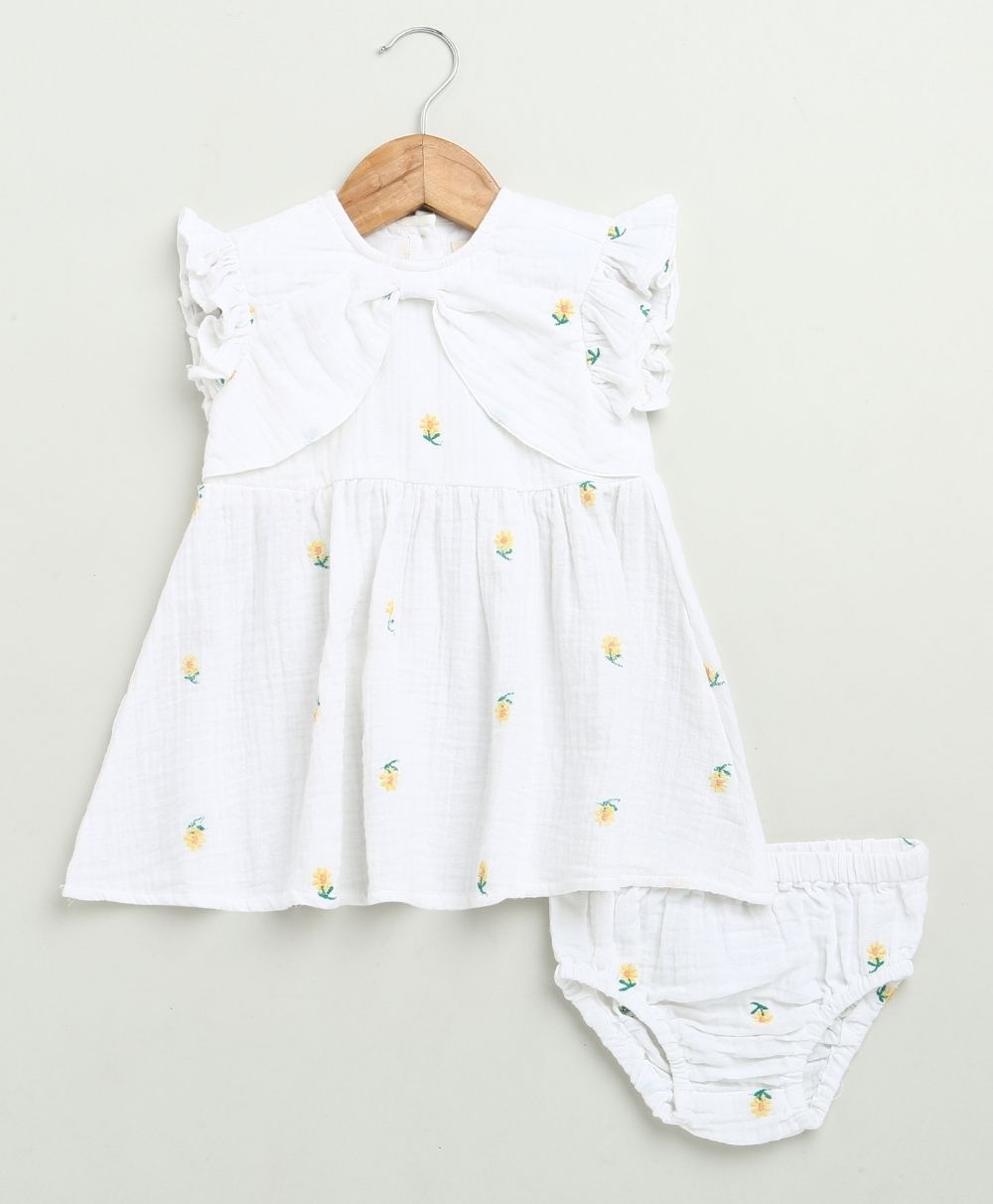 Yellow Floral Embroidery Organic Cotton Co-ord Set - White
