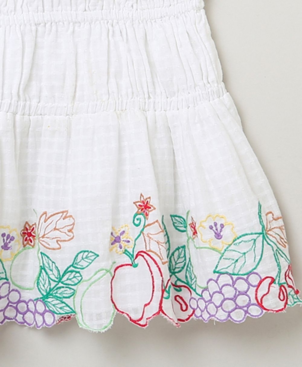 Cotton Dobby Mix Fruits Embroidery Skirt - White