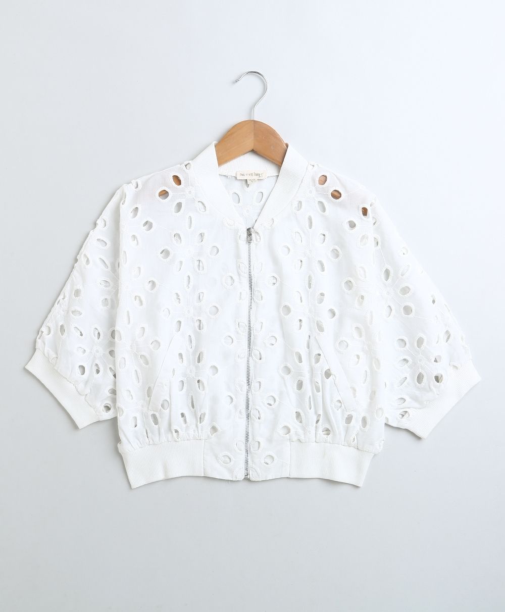 Baseball Collar Cotton Schiffly Jacket with an Inner Slip - White