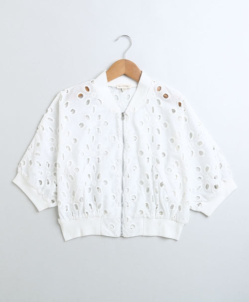 Baseball Collar Cotton Schiffly Jacket with an Inner Slip - White