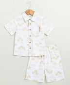 Palm Tree Printed Cotton Linen Co-ord Set - White
