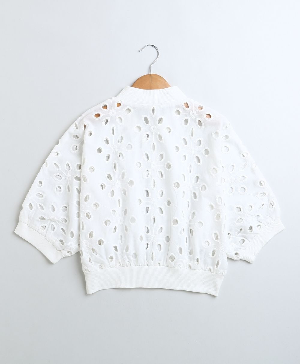 Baseball Collar Cotton Schiffly Jacket with an Inner Slip - White