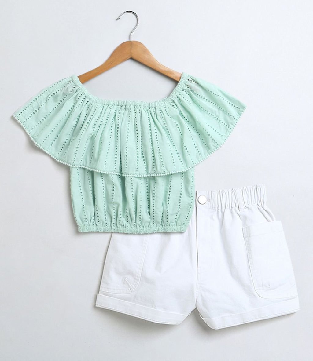 Off-Shoulder Schiffly Crop Top & Cotton Twill Shorts Set - Pastel Green & White