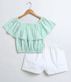 Off-Shoulder Schiffly Crop Top & Cotton Twill Shorts Set - Pastel Green & White