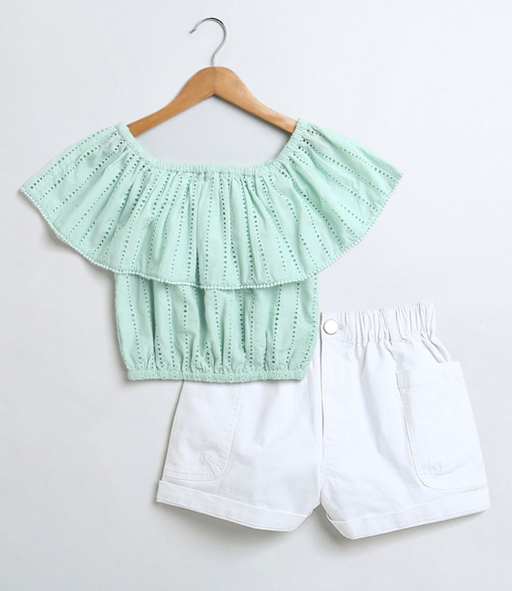 Off-Shoulder Schiffly Crop Top & Cotton Twill Shorts Set - Pastel Green & White