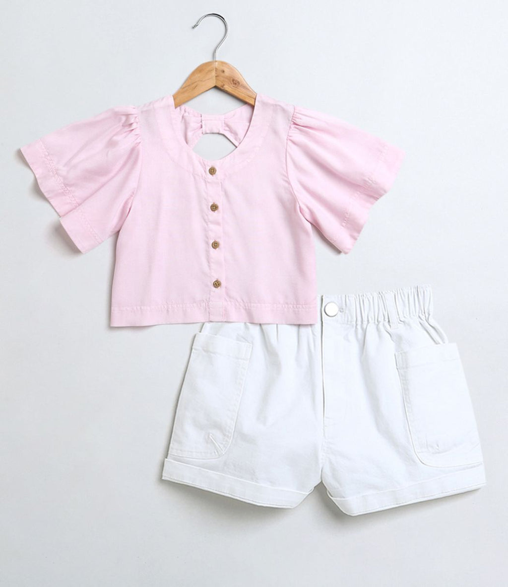 Frill Sleeves Cotton Tencel Top & Cotton Twill Shorts Co-ord Set - Pink & White