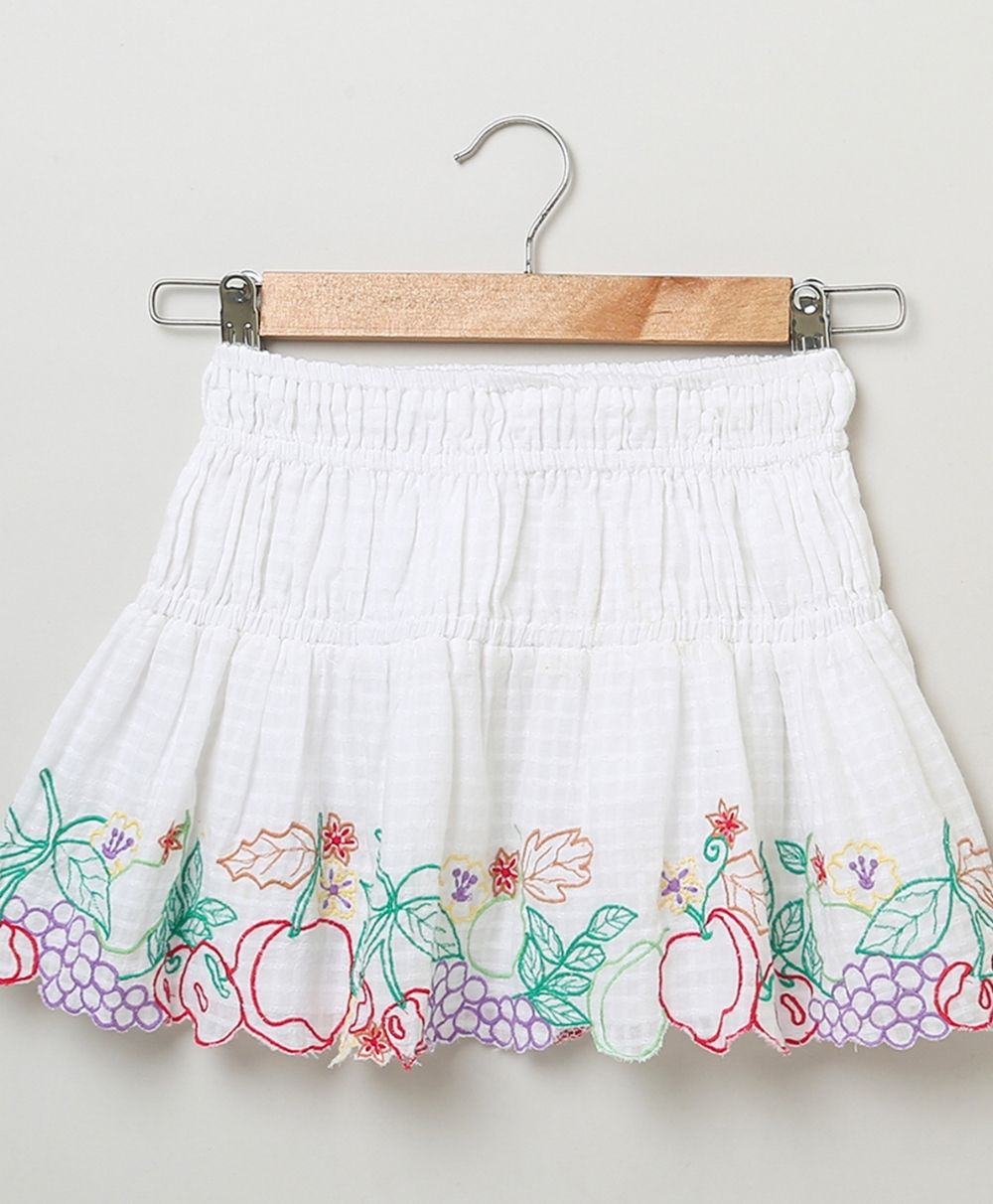 Cotton Dobby Mix Fruits Embroidery Skirt - White