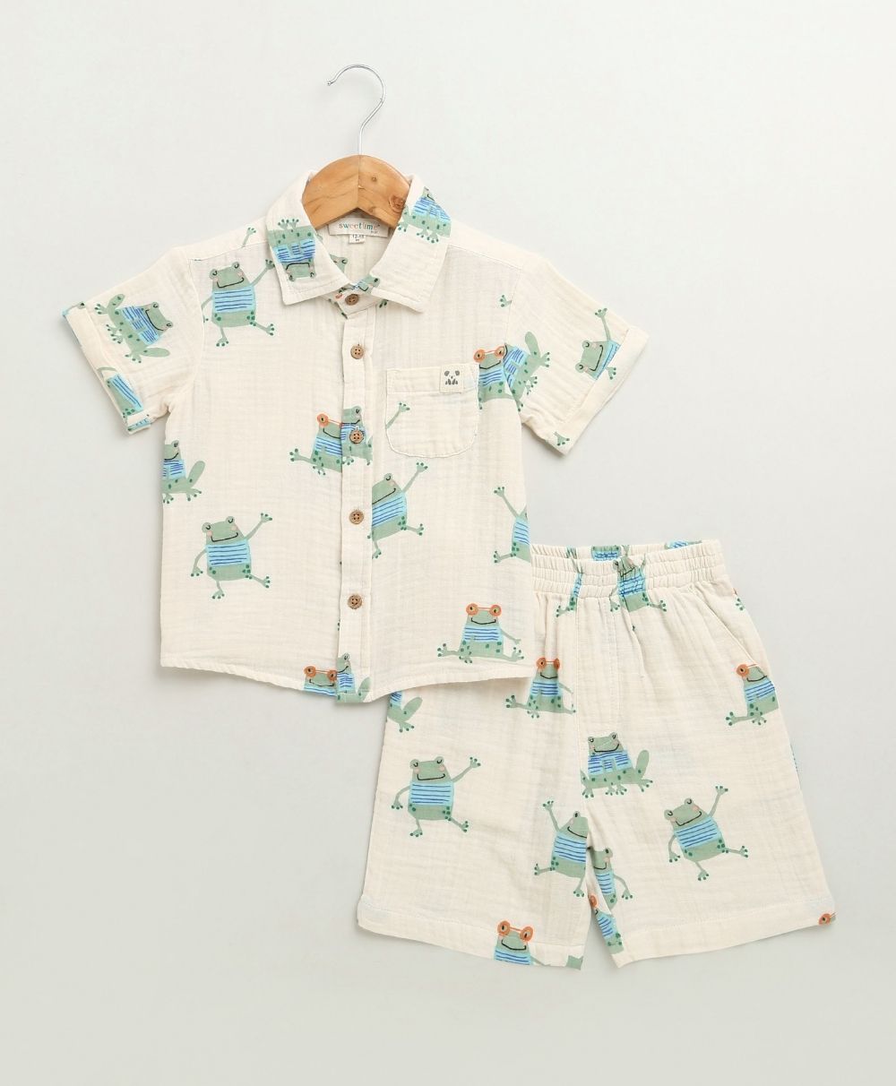 Frog Print Cotton Co-ord  Set - Off-White