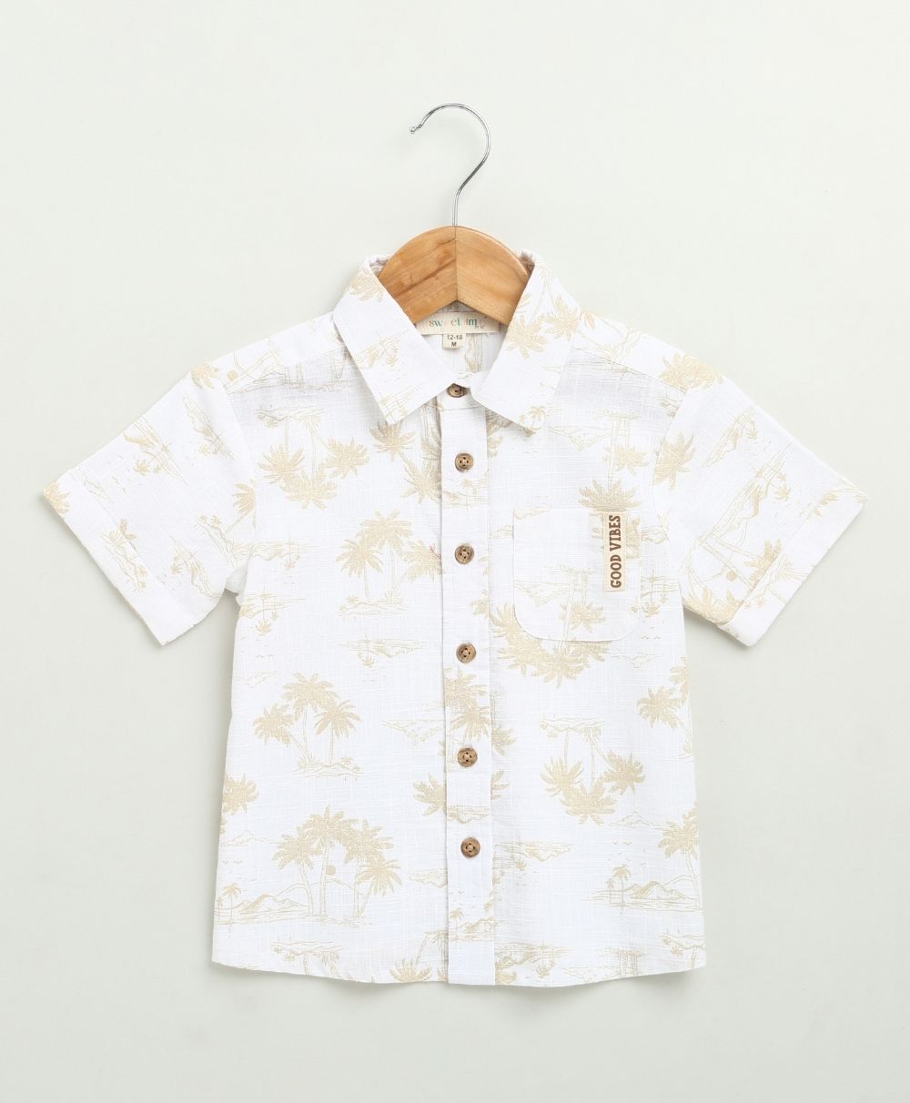 Palm Tree Printed Cotton Linen Co-ord Set - White