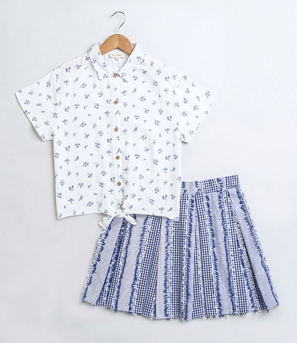 Stylish Floral Print Shirt & Cotton Jacquard Skirt Set - White & Blue