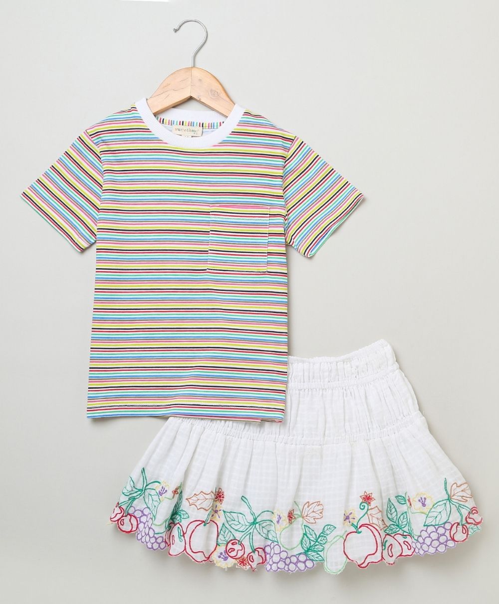 Multicolored Striped  T-shirt & Embroidery Cotton Skirt - White