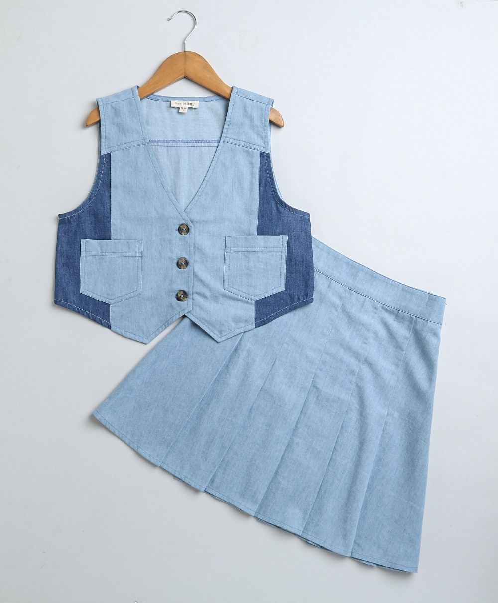 Denim Waistcoat & Skirt Co-ord Set- Blue