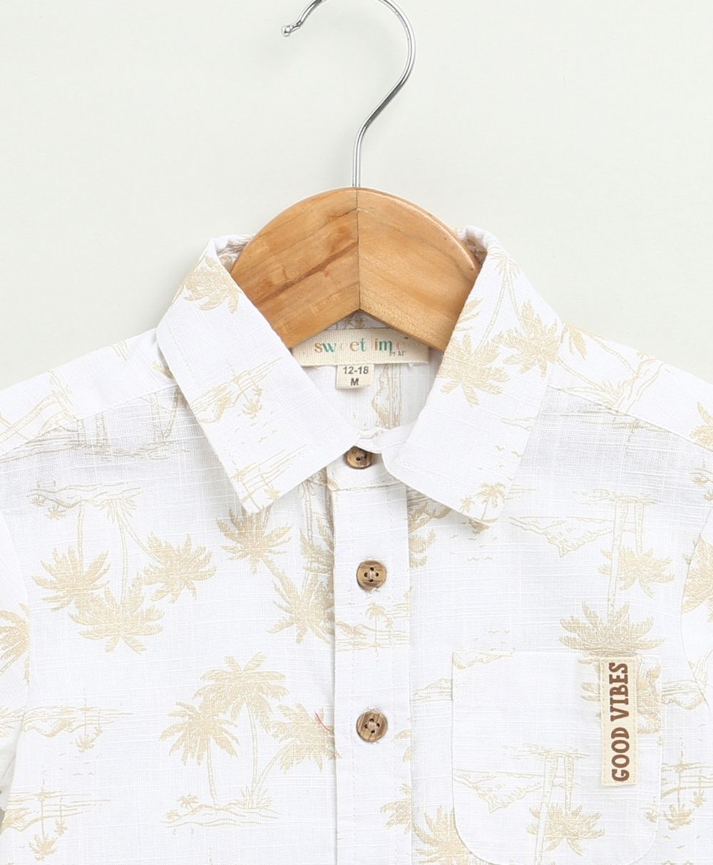 Palm Tree Printed Cotton Linen Co-ord Set - White