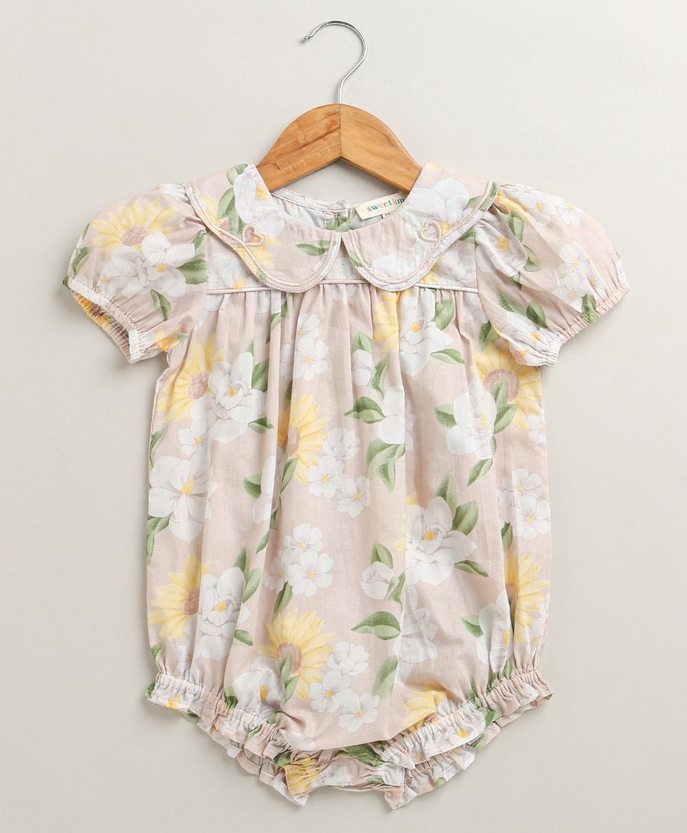 Baby Girls' Blush Bouquet Bubble Cotton Romper with a matching Bow Hairband - Beige
