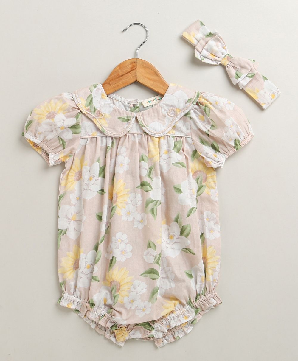 Baby Girls' Blush Bouquet Bubble Cotton Romper with a matching Bow Hairband - Beige