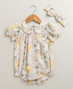 Baby Girls' Blush Bouquet Bubble Cotton Romper with a matching Bow Hairband - Beige