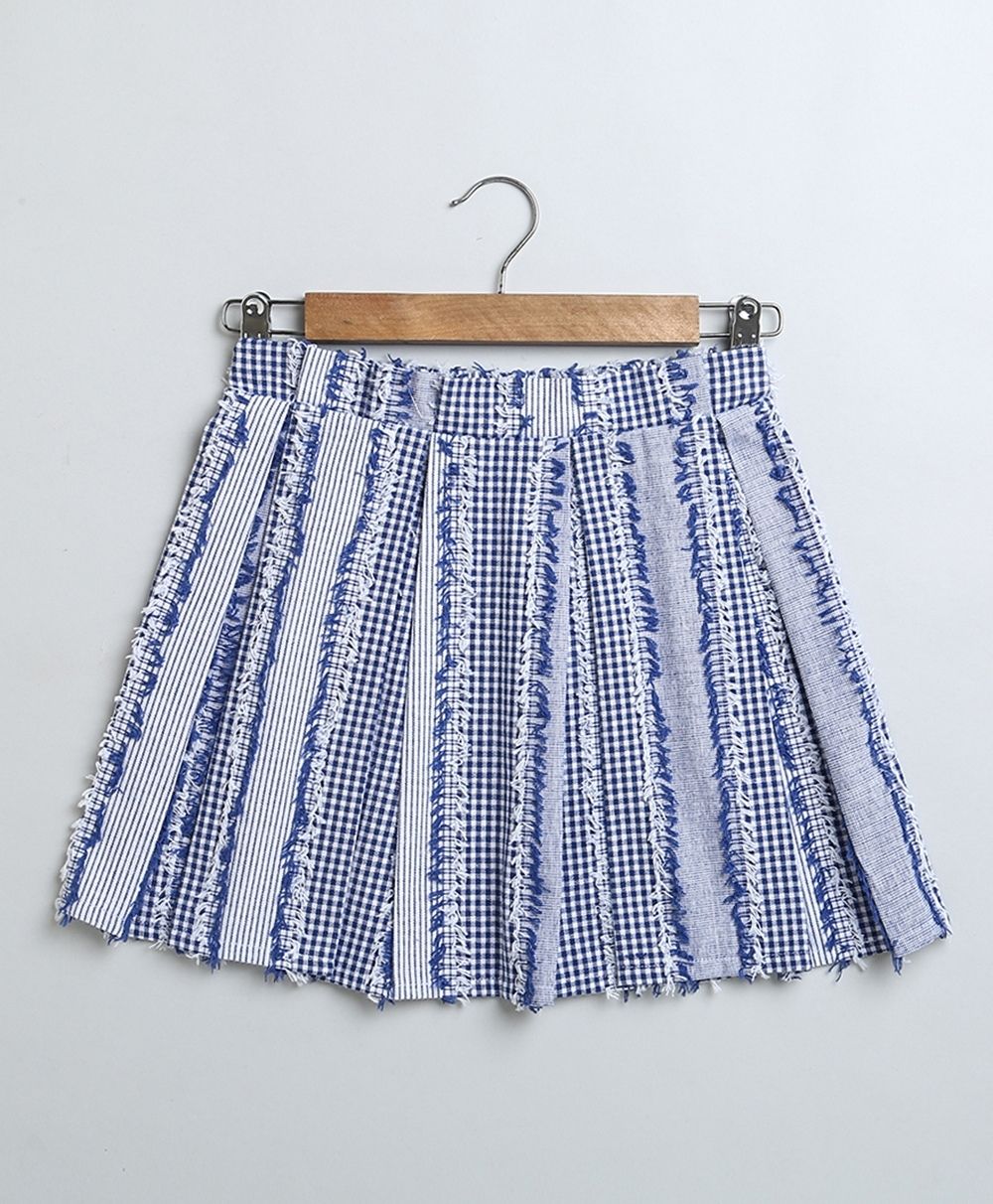 Stylish Floral Print Shirt & Cotton Jacquard Skirt Set - White & Blue