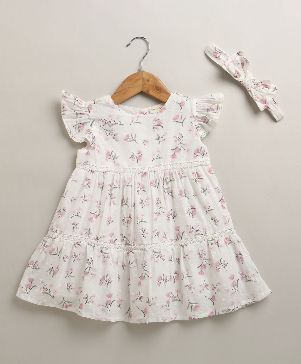 Blossom Breeze Organic Cotton Baby Dress with Hairband – White